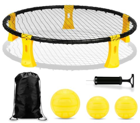 EHIOG Set di roundnet con 3 Palle -Custodia per Il Trasporto e Regole, Rete Beach Volley Portatile -Gioco per Prato, Spiaggia e Feste all’Aperto, Gioco roundnet
