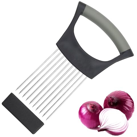WOLMIK Edelstahl Zwiebelschneider Halter-Food Slice Assistant, Gemüseschneider, Schneidehilfswerkzeug Schwarz 14,3 cm * 9,5 cm