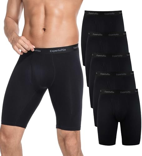 Expertoftio Men's Long Leg Boxer Briefs Cotton Underwear Pack, 9 Inch, Breathable, Fly Opening, Soft, Comfortable, Moisture Wicking, Tagless, Middle rise, No Roll Waistband, No Ride Up, Black, Medium