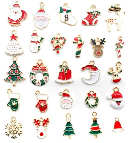 JYNVO 30 Pezzi Ciondoli Cervi del Pupazzo di Neve Dell'albero di Natale dell'uomo Anziano Placcati Oro Smaltati Charms Lega per Gioielli Fai da Te, Collane, Bracciali, Orecchini, Regali per Natale