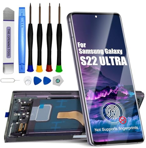DTD display för Samsung Galaxy S22 Ultra LCD-skärm ersättning pekskärmsmontering med verktyg (svart med ram, utan fingeravtrycksigenkänning)