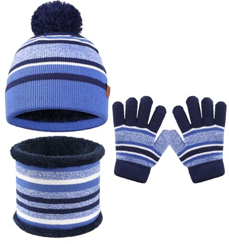 GWAWG Juego de 3 piezas de gorro y bufanda para niños, gorro con pompón de invierno, bufanda y guantes para niñas y niños, gorros de punto cálidos, bufandas y guantes para niños de 5 a 12 años