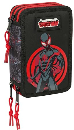 MILES MORALES - Trousse scolaire avec 37 outils inclus, trousse pour enfant, idéale pour les enfants de 5 à 14 ans, confortable et polyvalente, qualité et résistance, 12,5 x 5,5 x 19,5 cm