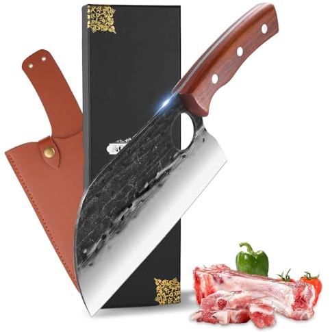 ACEKNIFE 8'' Serbian Butcher Knife Hand Forged Meat Cleaver with Ergonomic Wood Handle for Kitchen, Outdoor Cooking, BBQ and Camping