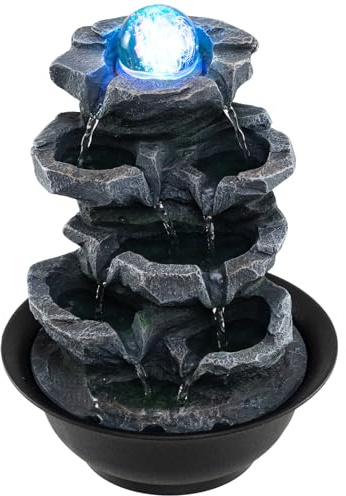 Giantex Tabletop Water Fountain with Rotating Crystal Ball & LED Lights, Tiered Rock Waterfall with Pump, Zen Meditation Desktop Decor for Office, Home Relaxation (Stacked Rock Cascade)