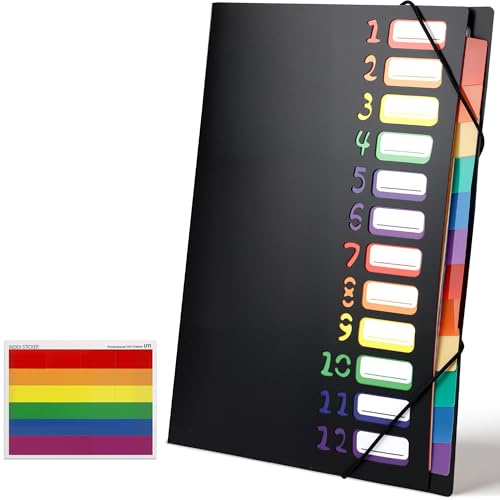Cartella Portadocumenti Espandibile A4 con13 Scomparti, Portatile Accordion File Cartella Raccoglitore Documenti Organizer con 12 Colorato Etichette per Casa, Scuola e Società (Nero)