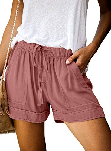 heekpek Pantaloncini Corti Donna Eleganti Vita Alta Casual Pantaloni Sciolto Shorts con Cintura Elastica e Due Tasche Laterali Confortevole Traspirante Estivi Ragazza Pantaloncino, Rosa, M