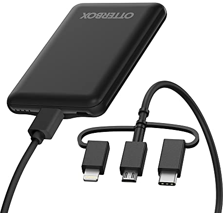 OtterBox Power Bank, 5,000 mAh Chargeur Portable avec USB-A 10W et Micro-USB 10W Output, indicateur LED Design Fin et Durable avec Protection Contre Les Chutes, câble de Charge 3 en 1 Inclus, Noir