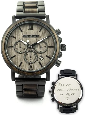 HOLZZEUG Gravierte Herrenuhr GrayCedar aus Holz mit oder ohne Gravur Armbanduhr mit Gravur Ihrer eigenen Handschrift personalisierte Uhr Männeruhr mit Gravur