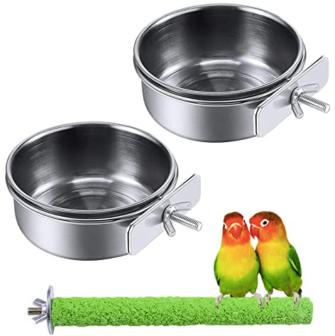 PINVNBY Parrot Feeding Dish Cups,Stainless Stee Bird Feeder Birds Food Water Bowls with Clamp Holder,Parakeet Cage Dish Perch Stand Toys(3 Pcs)