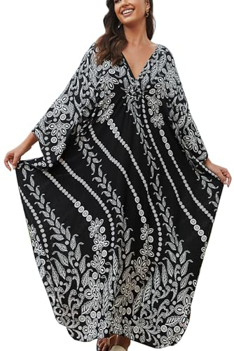 LikeJump Albornoz caftán tipo kimono para mujer, bata de baño, playa, vestido largo para cubrir el bikini, B Negro Blanco, talla única