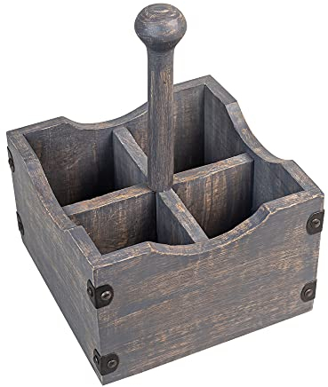 GoCraft Quadratischer Besteckkorb aus Holz mit 4 geteilten Fächern, Besteckhalter für Küche, grau gewaschenes Mangoholz Aufbewahrungs-Organizer mit abnehmbarer Holzgriffstange