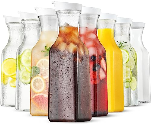 Plastic 8 PACK Large 50 Oz Water Carafe with Flip Top Lid, Square Base Juice Containers, Clear Plastic Pitcher - for Water, Iced Tea, Juice, Beverage, Milk, Cold Brew and Mimosa Bar - HAND WASH ONLY