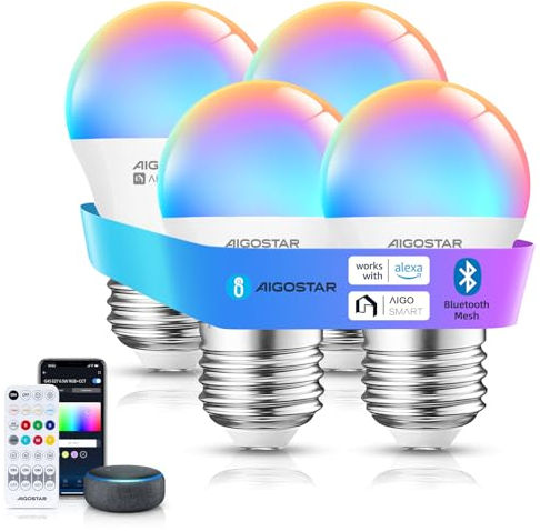 Aigostar Mesh - G45 6.5W Bluetooth Mesh Smart Bulb, Alexa E27 LED 555LM RGB & 2700K-6500K, Alexa Lampadina 16 milioni di colori, 4 unità (con telecomando Bluetooth)