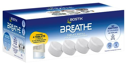 Bostik Breathe Dehumidifier Refill Tablets Pack of 4 - Cover Areas Up to 25m2 - Dye-Free and Fragrance Free - For Use Around The Home and in Caravans and Motorhomes - Last up to 4 Months