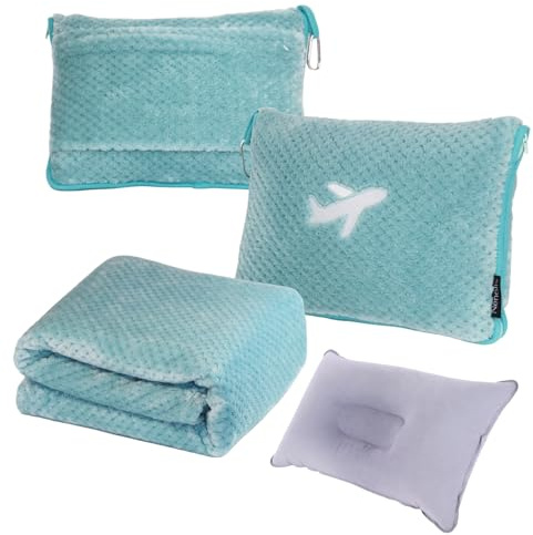 Nenolix 3-in-1-Reisedecke-Kissen-Set – 350 g/m² Dicke Reisedecke Flugzeug kompakt mit Tasche, weiche Tasche mit Tasche, aufblasbares Reisekissen für Camping und Autofahrten (Minzgrün)