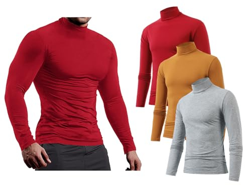 Jamron 3-pack långärmade kompressionsskjortor för män – sport löpning baslager toppar – termiska stoppade halsundertröjor, Röd + Gul + Ljusgrå, L