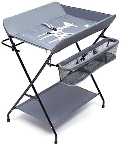 Baby Wickelkommode Klappbare Wickeltisch mit Wickelauflage, Sicherheitsgurt und Ablagefächern, Wickelaufsatz mit Höhenskala für Babys unter 15 kg oder 0-1 Jahre, 63x80cm (Gray)