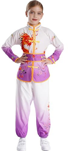 Zaldita Mädchen Kung Fu Uniform Tai Chi Langarm Sport Onerteile Mit Lang Hose+ Gürtel Sport Kleidung Set Traditionelles Chinesisches Wushu Anzug Lila 146-152