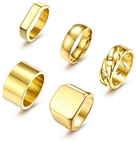 Krfy 5 PCS Herren Ringe Edelstahl Siegel Ring Gold Ringe Quadrat Pinky Daumen Ring Chunky dicken Cuban Link Kette Finger Ring Hochzeit Cool Band Ring Set