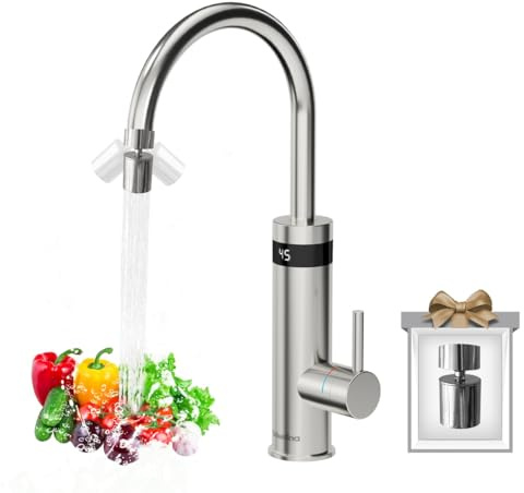 Briwellna Kitchen Electric Instant Water Heater Tap 220V, Stainless Steel Fast Heating Tap, 360 Degree Rotate Instant Hot Water Faucet with Digital Display and Universal Nozzle (Silver)