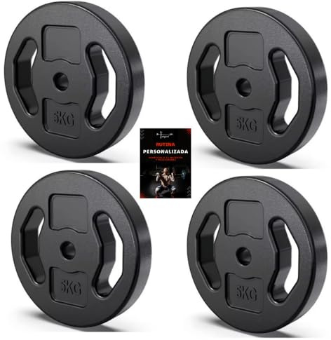 Discos pesas, pesas, 30mm, 2,5kg - 5kg - 10kg, ejercicios gimnasio en casa, barra gimnasio, mancuerna, rutina entrenamiento, guia entrenamiento personalizada (4 X 5 KG)