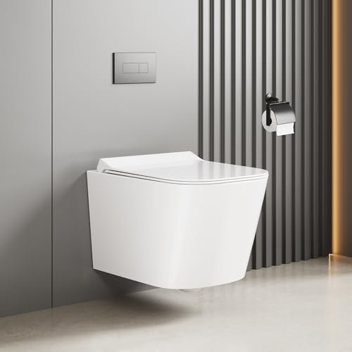 Hängend WC Toilette, Spülrandlos Wand-WC Set aus Keramik mit Toilettendeckel Abnehmbaren Absenkautomatik Effizienter Spültechnik Hängetoilette, U-Form,Lang 51cm, Weiß