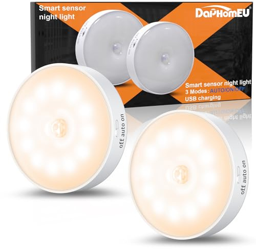 2 Pack Luz Led Nocturna con Sensor de Movimiento,12 LED, Lámpara LED Recargable USB, Luz Nocturna para pared, iluminación de armario, sensor de movimiento interior para escaleras, dormitorio, cocina.