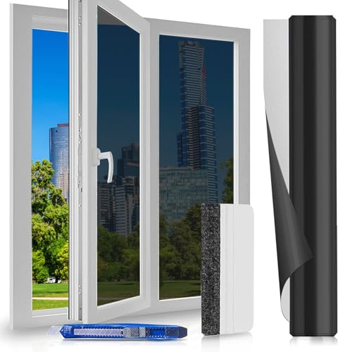 Fönsterfilm Anti-synlighet 60x400 cm – Värmeskydd & UV-skydd, Spegeltrådfönsterfilm med monteringskit, Privatskydd & Solskydd, För Hem Kontor Butik, Svartsilver