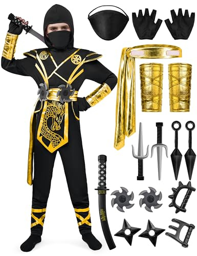 Spooktacular Creations Costume de ninja d'Halloween pour enfants, combinaison dragon ninja noir et doré, costume d'Halloween pour garçons pour déguisement et jeu de rôle (petit, 5-7 ans)