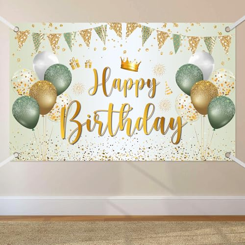 Striscione di compleanno verde oro, striscione Happy Birthday 180 x 110 cm, grande Happy Birthday Background Banner per ragazze e ragazzi decorazione per feste