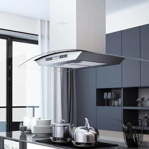 Cappa aspirante a isola, 90 cm, sensore touch LCD 756 m³/h, in acciaio inox + vetro temperato + alluminio, per cucina aperta con isola di cottura