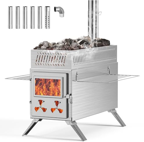 Camping Tältugn med skorsten, vedeldad spis i rostfritt stål för tält, bärbar, vikbar varmtältkamin med 7 eldstäder för utomhus, camping, matlagning, grillning, vandring, fiske, jakt (bastuugn)