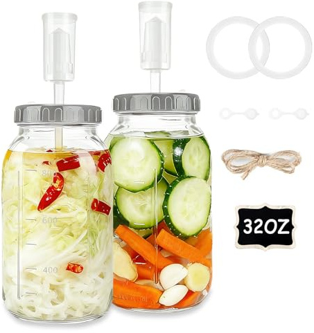 Exquilnova 2 stycken 1 l fermenteringsglasset, bred mun kimchi-behållare med luftsluss, kefirglas med lock och skala, fermenteringsset för surkål, kimchi, surdeg, kombucha, kefir, grönsaker