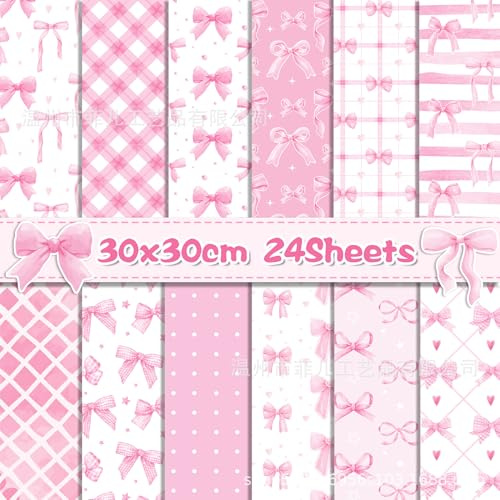 24 Sheets Scrapbook Paper 11.8x11.8 Inch, Leaf & Floral Textured Cardstock, DIY Card Making, Photo Albums, Journaling, Acid & Lignin Free Decorative Craft Paper Pad (Pink Bow)