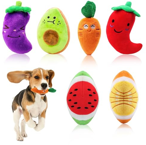 6 Piezas de Juguetes para Perros con Soniido de Squeak, Juguetes de Frutas y Verduras, Suaves, Seguros y Interactivos para Cachorros y Perros Pequeños
