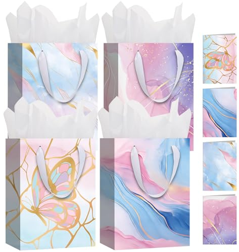 woric 4 Gift Bags With 8 Tissue Paper & 4 Cards, Marble, 27 * 20 * 12cm