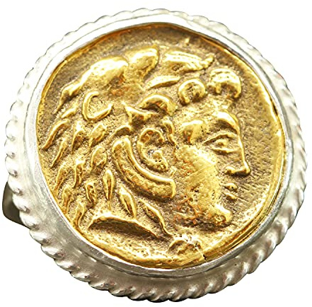 Caprixus 925 Sterling Silver Signet Ring Ancient Alexander The Great Coin 24K Gold Vermeil Two Tone Hammered Twisted Rope Setting Designer Handmade Greek Art Artisan Turkish Fine Jewelry for Women