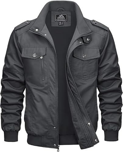 MAGCOMSEN Veste Cargo Militaire pour Hommes Léger Coupe-vent en Coton Multipoches Printemps avec Col Rabattu Zippe Grey 2XL