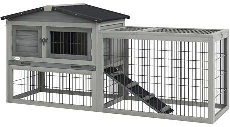 PawHut Conejera Exterior de Madera 150x52x68 cm Jaula para 1-2 Conejos Gris
