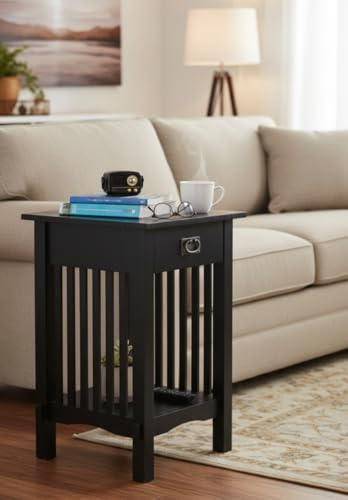 Legacy Decor Mission Style Telephone Stand End Table Black Finish with Drawer