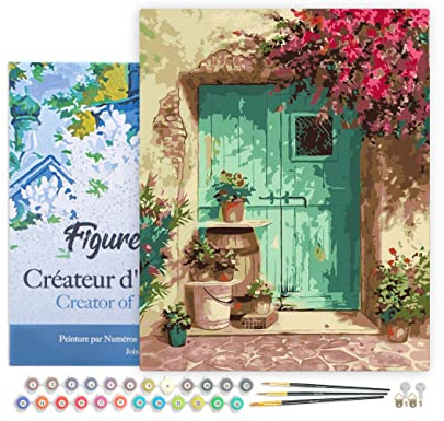 Figured'Art Pintar por Numeros Adultos con marco Entrada florecida - Manualidades pintura acrilica Kit Cuadro DIY completo - 40x50cm con bastidor montado