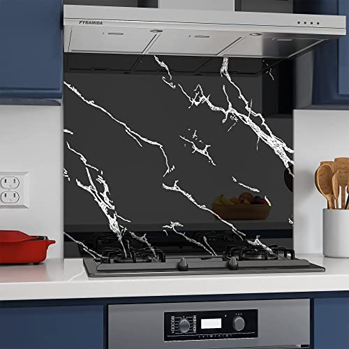 BELOFAY 70x90cm Black Marble Tempered Glass Splashback for Kitchen | 6mm Toughened Glass Heat Resistant Splashbacks for Cookers