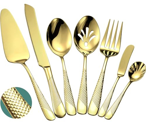 Xideman® 7-delars hamrat serveringsbestick av rostfritt stål 18/10 – värdinnebestickset med tårtknivar och tårtspade (Champagne Guld)