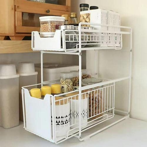 HUOLE Organiseur sous évier, Panier de Rangement Coulissant à 2 Niveaux Étagère de rangement sous évier avec tiroir coulissant pour la cuisine et la salle de bain (blanc-1PC)