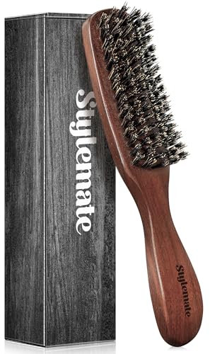 Brosse à cheveux en poils de sanglier pour homme, brosse à cheveux épais et fins, brosse à cheveux lisse avec poils rigides et poignée en bois de noyer pour lisser, démêler et coiffer, brosse à barbe