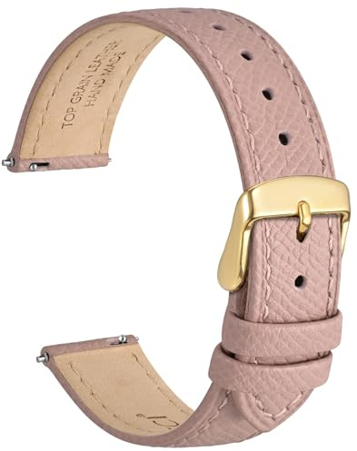 WOCCI 20mm Grace Leather Watch Strap for Ladies, Top Grain Leather, Quick Release Replacement Band with Gold Buckle (Retro Pink)