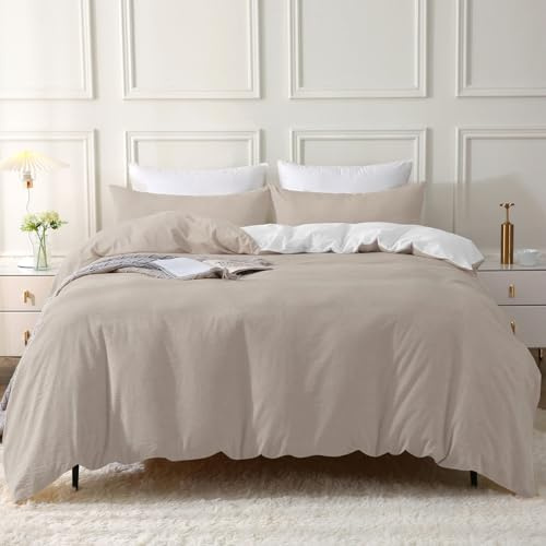 SOULFUL Copripiumino 140 x 200 cotone, cammello scuro set copripiumino con cerniera, 100% cotone lavato, texture lino, set da letto 140 x 200 cotone con 1 federa 65 x 65 cm