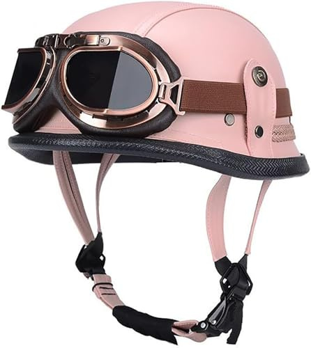 RCGNR Motorcykelhalvhjälm i tysk stil för vuxna män kvinnor, vintage motorcykelhjälmar med halvansikte + glasögon för Cruiser Scooter Chopper, DOT-godkänd,Pink,XL