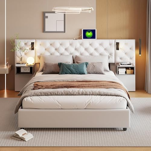 Mutuolux Lit Coffre avec Têtes de Rembourrées et 2 Niches de Rangement,USB et Type-C,Lit Double avec sommier à Lattes, Velours (Blanc, 160x200 cm)